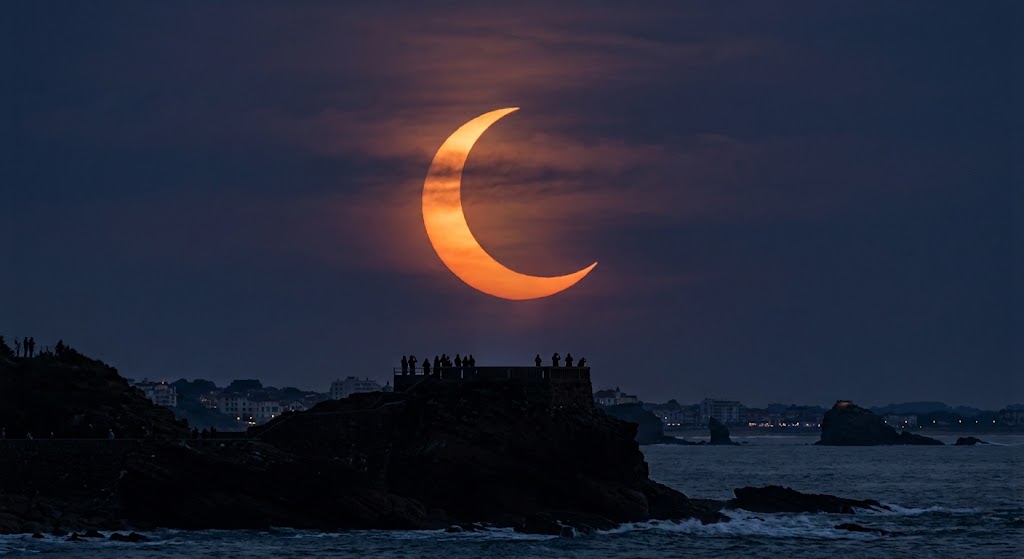 An orange crescent above a dark ocean and rocky coastline.