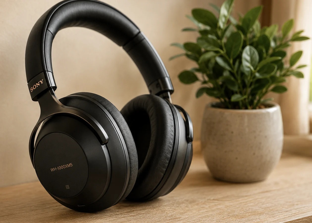 Headphones beside a small plant