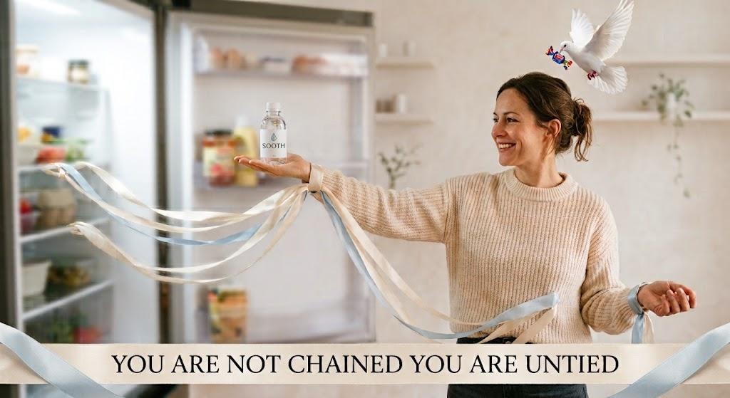 A woman beside an open refrigerator, with the words: You are not chained, you are untied.